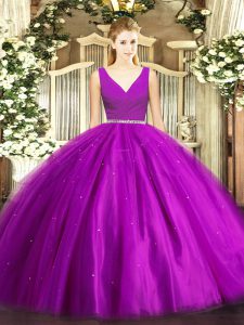 Custom Designed Purple V-neck Neckline Beading Sweet 16 Dresses Sleeveless Zipper