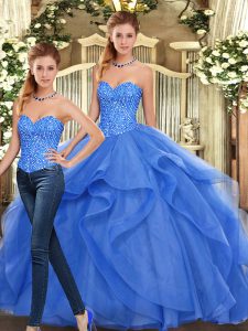 Elegant Organza Sweetheart Sleeveless Lace Up Beading and Ruffles 15th Birthday Dress in Blue