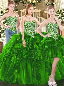 Eye-catching Dark Green Ball Gowns Sweetheart Sleeveless Tulle Floor Length Lace Up Beading and Ruffles 15th Birthday Dress