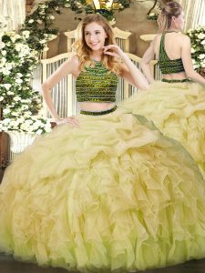 Exceptional Beading and Ruffles Ball Gown Prom Dress Yellow Green Zipper Sleeveless Floor Length