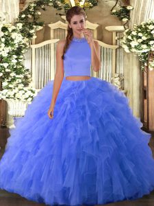 Classical Floor Length Blue Quinceanera Dresses Tulle Sleeveless Beading and Ruffles