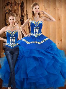 Blue Ball Gowns Sweetheart Sleeveless Satin and Organza Floor Length Lace Up Embroidery and Ruffles Quinceanera Dress