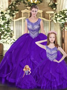 Attractive Floor Length Eggplant Purple Quinceanera Gowns Scoop Sleeveless Lace Up