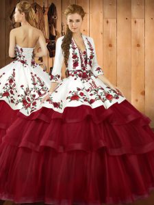 Modest Wine Red Ball Gowns Organza Sweetheart Sleeveless Embroidery Lace Up 15 Quinceanera Dress Sweep Train