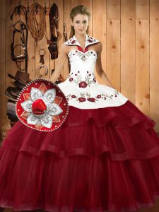 Classical Wine Red Lace Up Halter Top Embroidery and Ruffled Layers Vestidos de Quinceanera Satin and Organza Sleeveless Sweep Train