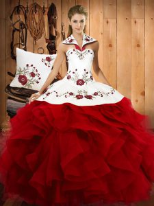 Custom Fit Wine Red Satin and Organza Lace Up Halter Top Sleeveless Floor Length Ball Gown Prom Dress Embroidery and Ruffles