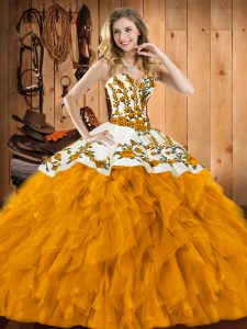 Sleeveless Satin and Organza Floor Length Lace Up 15 Quinceanera Dress in Gold with Embroidery and Ruffles