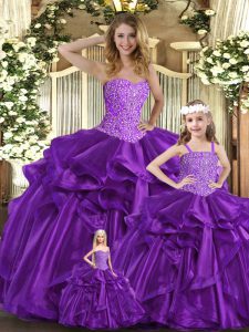 Affordable Sleeveless Organza Floor Length Lace Up Quinceanera Dresses in Purple with Beading and Ruffles