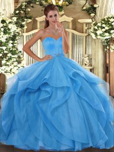 Spectacular Baby Blue Ball Gowns Sweetheart Sleeveless Tulle Floor Length Lace Up Beading and Ruffles Ball Gown Prom Dress
