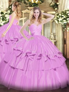 Admirable Lilac Lace Up Sweetheart Beading and Ruffled Layers Quince Ball Gowns Taffeta Sleeveless