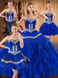 Blue Satin and Organza Lace Up 15 Quinceanera Dress Sleeveless Floor Length Embroidery and Ruffles