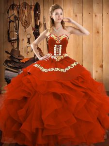 Rust Red Satin and Organza Lace Up Sweetheart Sleeveless Floor Length 15 Quinceanera Dress Embroidery and Ruffles