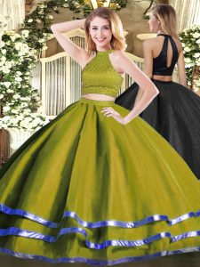 Noble Floor Length Olive Green Quinceanera Gown Tulle Sleeveless Beading