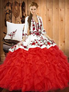 Red Lace Up Sweetheart Embroidery and Ruffles Quinceanera Dress Tulle Sleeveless