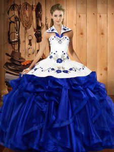 Floor Length Royal Blue 15th Birthday Dress Satin and Organza Sleeveless Embroidery and Ruffles