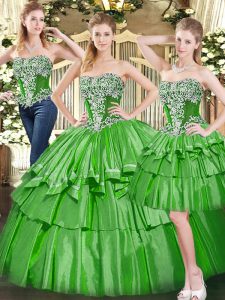 High Quality Floor Length Lace Up Quinceanera Gowns Green for Military Ball and Sweet 16 and Quinceanera with Beading and Ruffled Layers
