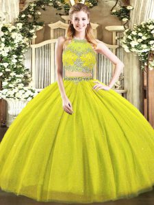 Fancy Olive Green Tulle Zipper Scoop Sleeveless Floor Length Quince Ball Gowns Beading