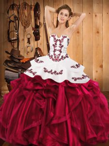 Burgundy Quince Ball Gowns Military Ball and Sweet 16 and Quinceanera with Embroidery and Ruffles Strapless Sleeveless Lace Up