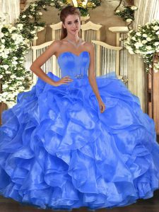 Blue Organza Lace Up Sweetheart Sleeveless Floor Length Quinceanera Dress Beading and Ruffles