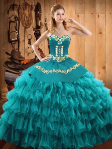 Satin and Organza Sweetheart Sleeveless Lace Up Embroidery and Ruffled Layers Quinceanera Gowns in Teal