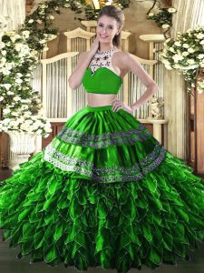 Custom Made Tulle High-neck Sleeveless Backless Beading and Ruffles Quinceanera Dresses in Green
