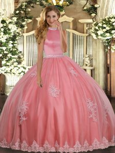 Coral Red Ball Gowns Beading and Appliques Quinceanera Dress Backless Tulle Sleeveless Floor Length