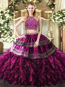 High-neck Sleeveless Quinceanera Gowns Floor Length Beading and Ruffles Fuchsia Tulle