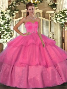 Deluxe Hot Pink Lace Up Ball Gown Prom Dress Beading and Ruffled Layers Sleeveless Floor Length