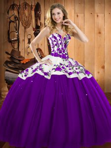 Shining Satin and Tulle Sleeveless Floor Length Quinceanera Gowns and Embroidery