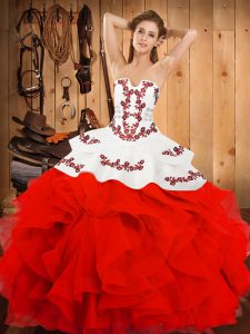 Luxurious White And Red Sweet 16 Dresses Military Ball and Sweet 16 and Quinceanera with Embroidery and Ruffles Strapless Sleeveless Lace Up