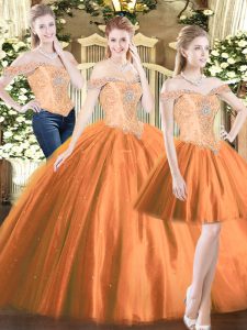 Orange Red Ball Gowns Off The Shoulder Sleeveless Tulle Floor Length Lace Up Beading Quinceanera Dress