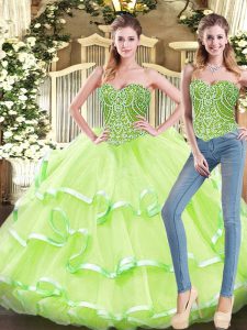 Spectacular Sleeveless Floor Length Beading and Ruffled Layers Lace Up Quince Ball Gowns with Yellow Green