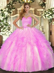 Lilac Ball Gowns Sweetheart Sleeveless Organza Floor Length Lace Up Ruffles Sweet 16 Dress