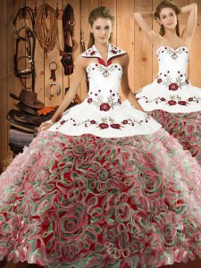 Multi-color Halter Top Lace Up Embroidery Quinceanera Gown Sweep Train Sleeveless