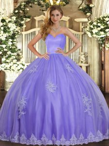 Amazing Lavender Ball Gowns Sweetheart Sleeveless Tulle Floor Length Lace Up Beading and Appliques 15th Birthday Dress