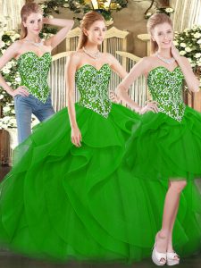 Luxurious Green Ball Gowns Beading and Ruffles Quinceanera Gown Lace Up Tulle Sleeveless Floor Length