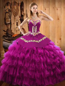 Beauteous Fuchsia Ball Gowns Embroidery and Ruffled Layers Quinceanera Gowns Lace Up Satin and Organza Sleeveless Floor Length