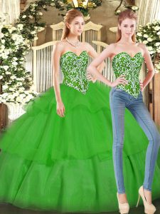 Sleeveless Floor Length Beading and Ruffled Layers Lace Up Quince Ball Gowns with Green