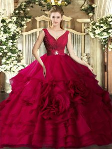 New Style Floor Length Backless Quinceanera Dress Red for Military Ball and Sweet 16 and Quinceanera with Beading and Ruffles
