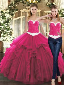 Modern Fuchsia Sleeveless Tulle Lace Up Sweet 16 Dresses for Military Ball and Sweet 16 and Quinceanera