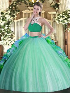 Hot Sale Multi-color Tulle Backless Vestidos de Quinceanera Sleeveless Floor Length Beading and Ruffles