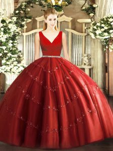 High End Wine Red Ball Gowns Beading 15th Birthday Dress Zipper Tulle Sleeveless Floor Length