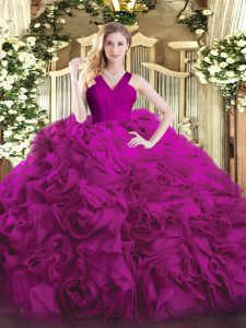 Sleeveless Organza and Fabric With Rolling Flowers Floor Length Zipper Sweet 16 Quinceanera Dress in Fuchsia with Ruffles