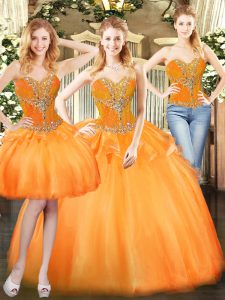 Sumptuous Orange Red Organza Lace Up Sweetheart Sleeveless Floor Length Sweet 16 Dresses Beading and Ruffles