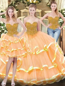 Eye-catching Peach Tulle Lace Up Sweetheart Sleeveless Floor Length Quinceanera Gowns Beading and Ruffled Layers