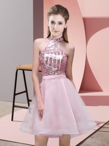 Designer Pink Halter Top Neckline Sequins Damas Dress Sleeveless Backless