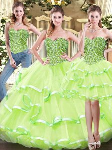 Most Popular Yellow Green Sweetheart Neckline Ruffled Layers Sweet 16 Dresses Sleeveless Lace Up