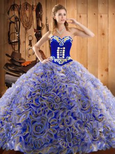 Dazzling Multi-color Ball Gowns Embroidery Ball Gown Prom Dress Lace Up Satin and Fabric With Rolling Flowers Sleeveless With Train