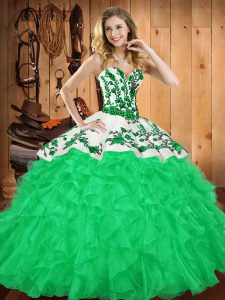 Decent Floor Length Lace Up Sweet 16 Dress Green for Military Ball and Sweet 16 and Quinceanera with Embroidery and Ruffles