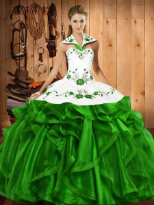Green Satin and Organza Lace Up Halter Top Sleeveless Floor Length 15th Birthday Dress Embroidery and Ruffles
